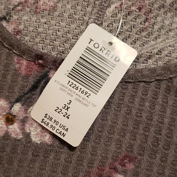 Torrid Purple Floral Long Sleeve Grey Waffle Top Sz 3 - Picture 2 of 6